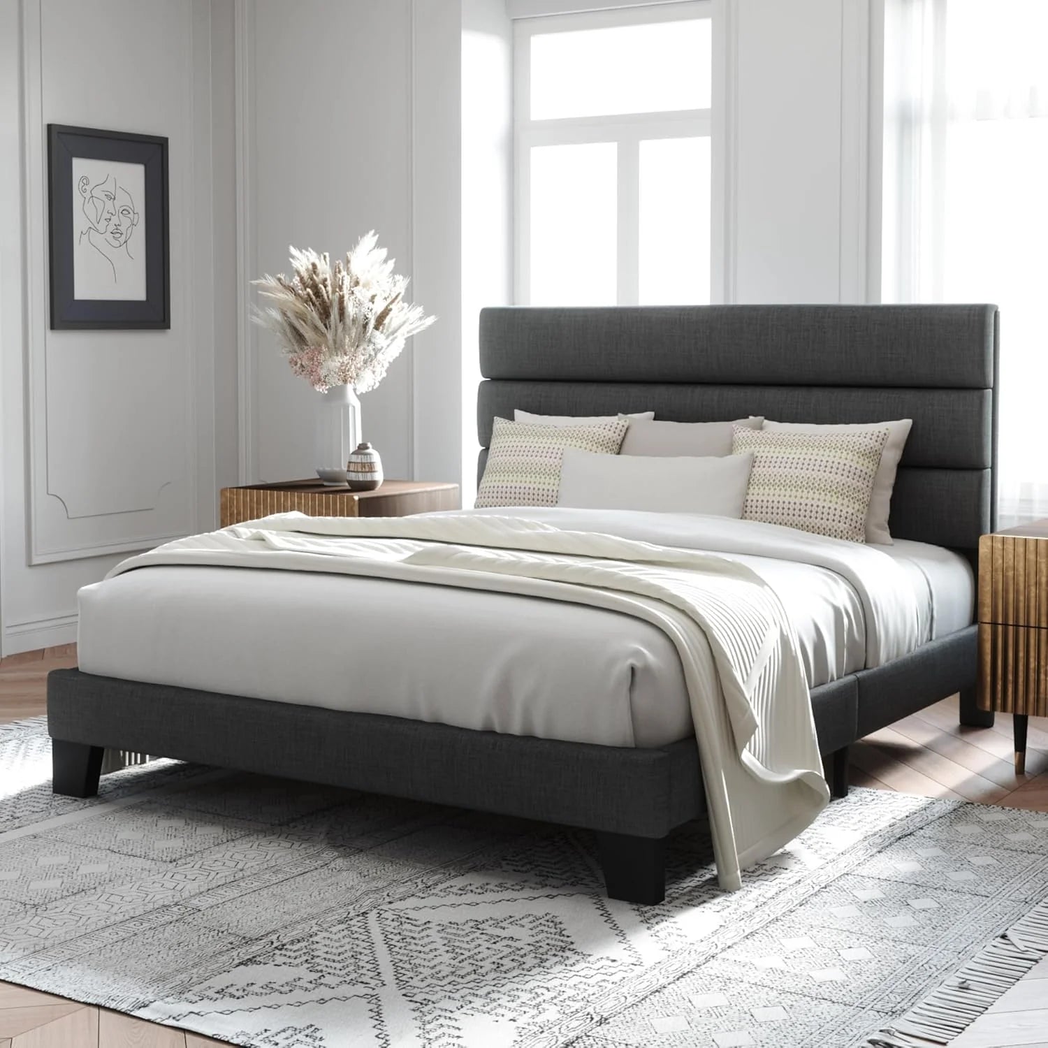 Allewie Queen Size Platform Bed Frame Fabric Upholstered Headboard Wooden Slats Support