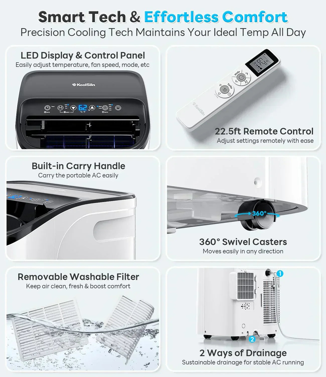 14,000 BTU Portable Air Conditioner Cools Up to 700 Sq.Ft Auto-Evaporation Low Noise Portable